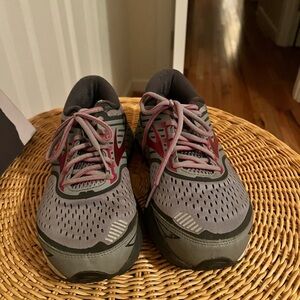 Gray and Red Athletic Shoes